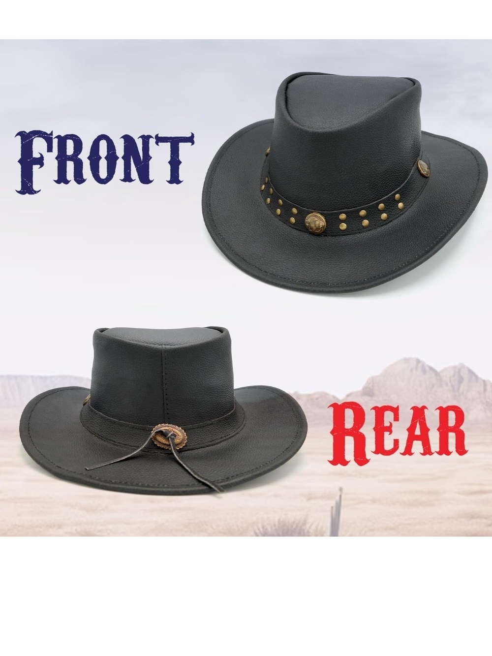 Men's Black Leather Outback Hat with Studded Band